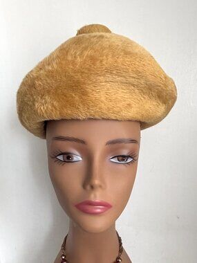 Vintage 60s Fuzzy Faux Fur Pillbox Toque Pillbox Hat Camel Golden Tan Germany